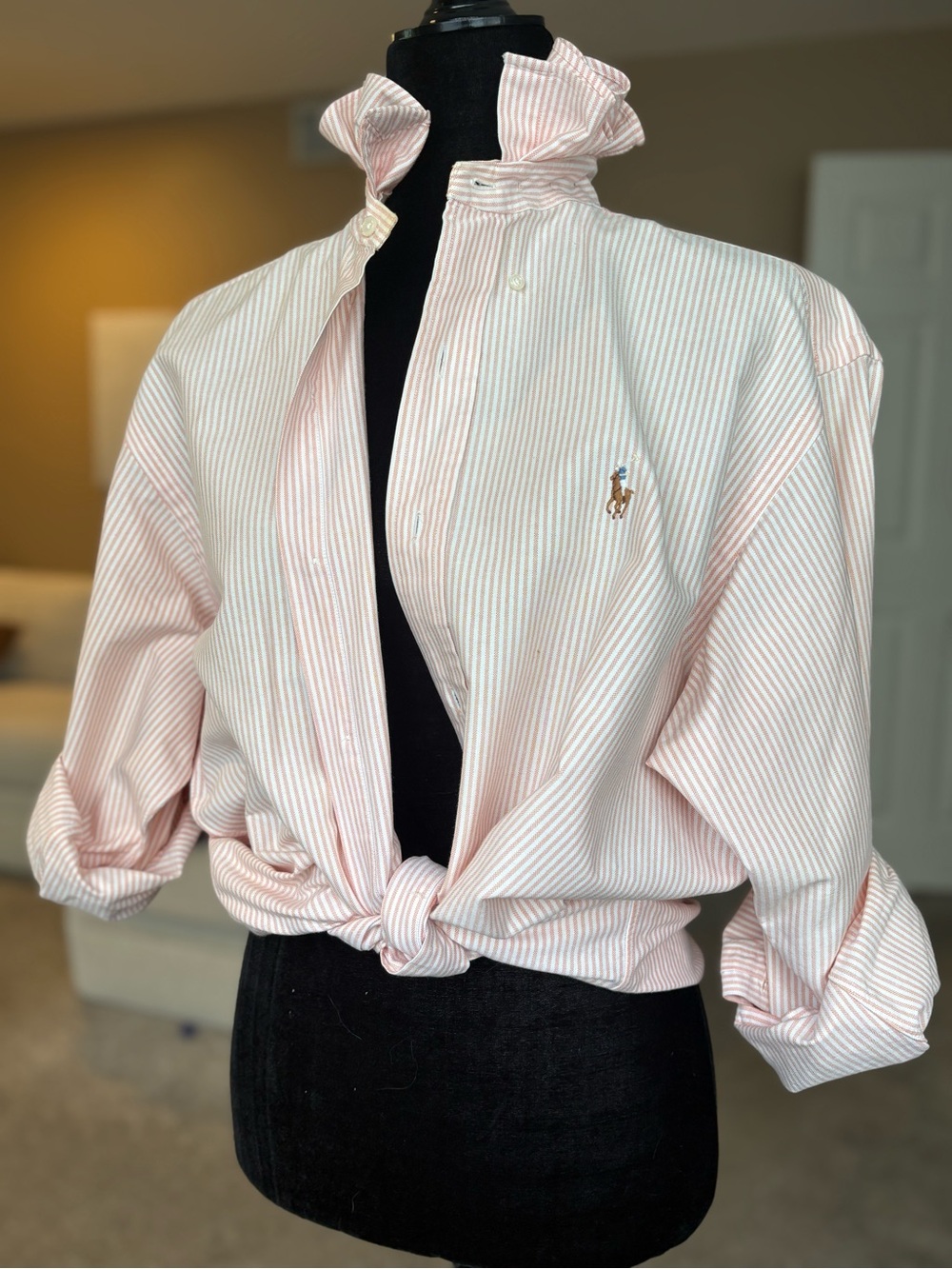 Reworked Ralph Lauren Light Pink and White Striped Button-Down Shirt